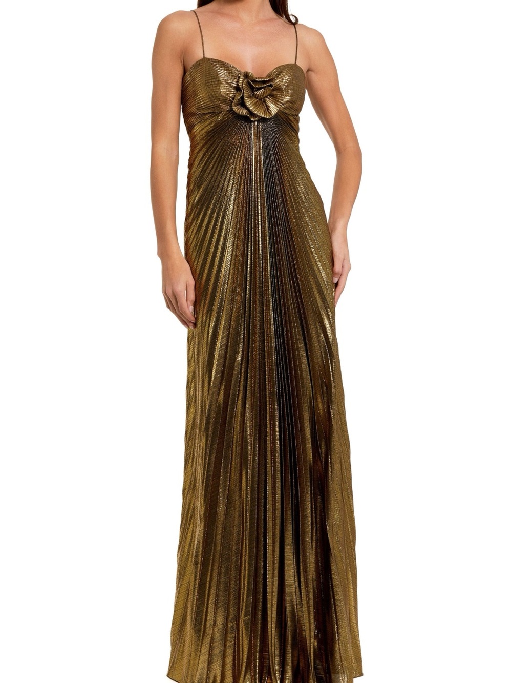 Mac Duggal
Women's Thin Strap Pleated Metallic Gown With 3D Flower Size 6